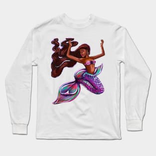 mermaid with flowing red braids,   Afro hair and caramel brown skin. Black mermaid Long Sleeve T-Shirt